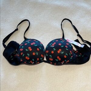 Victoria's Secret Black and Red Cherry Print Padded Bra